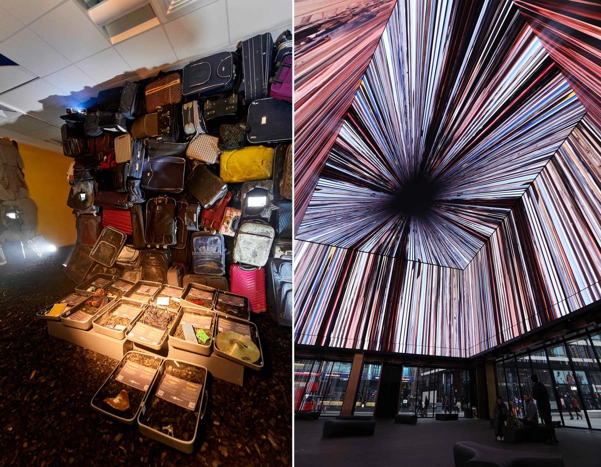 Museum of Civilian Voices in Kyiv is a repository of 100,000 stories relating to the war, including Column of the ruined lives (left). Vlada (right) is an 11-hour sequence of videos from Telegram channels in Ukraine, collected by the artists Nick Crowe and Ian Rawlinson, which will play at Outernet, central London, on 24 February Kyiv: Kyrylo Avramenko. London: Outernet London