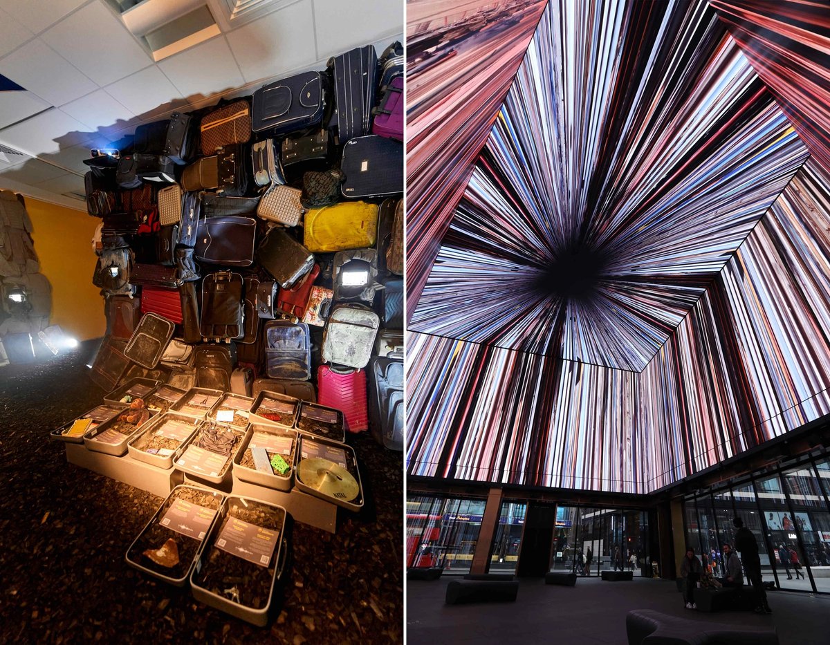 Museum of Civilian Voices in Kyiv is a repository of 100,000 stories relating to the war, including Column of the ruined lives (left). Vlada (right) is an 11-hour sequence of videos from Telegram channels in Ukraine, collected by the artists Nick Crowe and Ian Rawlinson, which will play at Outernet, central London, on 24 February Kyiv: Kyrylo Avramenko. London: Outernet London