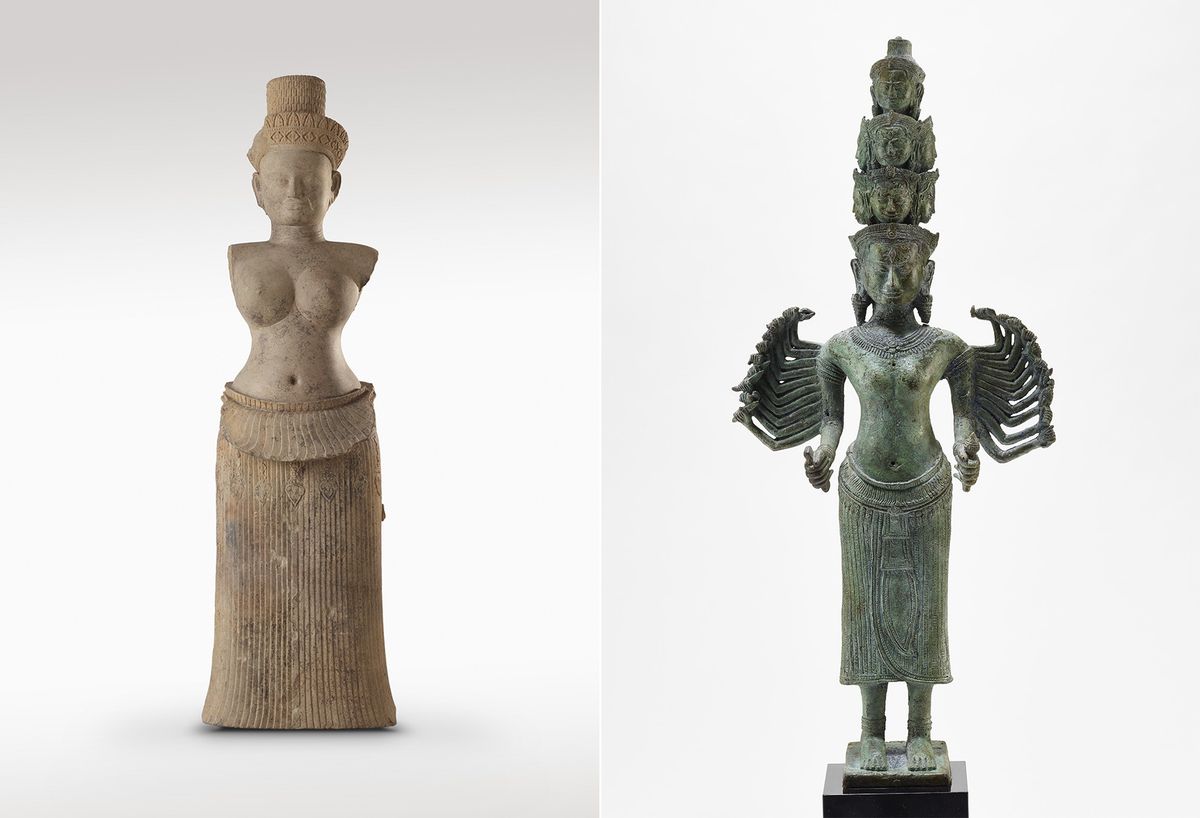 Left: The Goddess Uma, tenth century, Cambodia, sandstone. Right: Prajnaparamita ("Perfection of Wisdom"), around 1200, Cambodia, copper alloy Both: National Museum of Asian Art, Smithsonian Institution. Photo by Robert Harrell