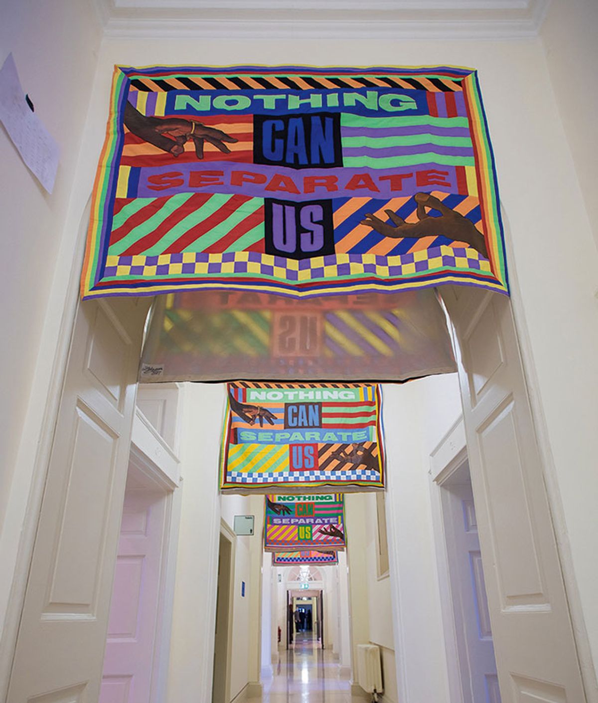 Lakwena Maciver’s seven Nothing Can Separate Us flags (2021) was shown at Somerset House last year during 1-54. 
Photo: Jim Winslet