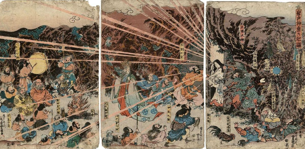 The sun goddess Amaterasu emerges from hiding in a cave after seeing her reflection in the mythical mirror Yata no Kagami Utagawa Kunisada