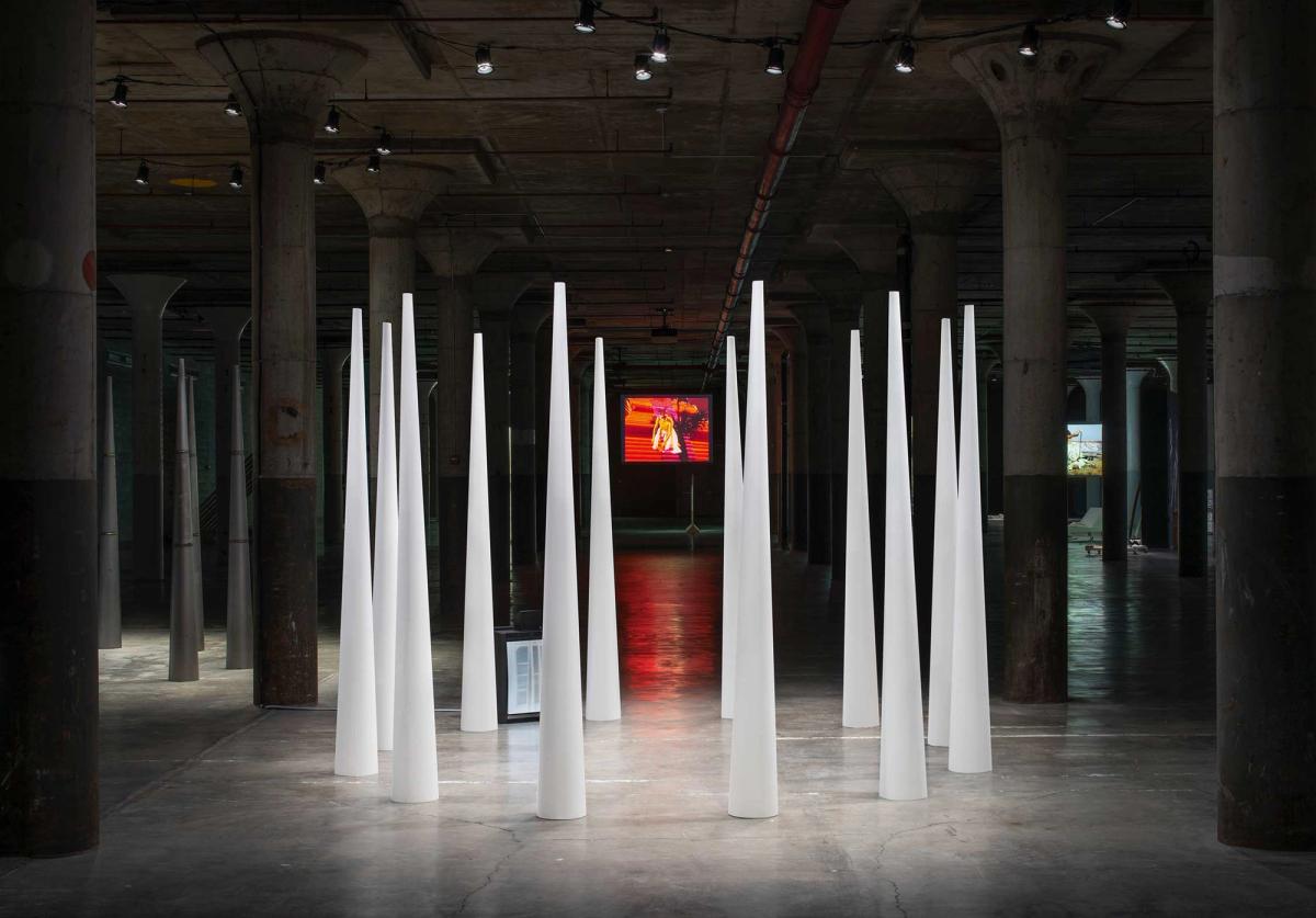 An early work by Joan Jonas, After Mirage (Cones/May Windows) (1976), featured in a retrospective of the installation and performance artist at Dia Beacon in 2021
Photo: Bill Jacobson Studio, New York, courtesy of Dia Art Foundation; © the artist/Artists Rights Society (ARS), New York