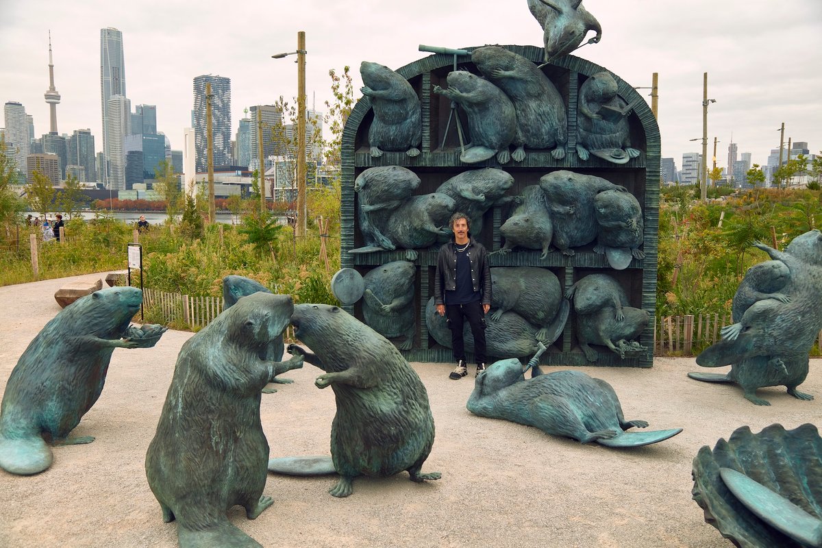 Kent Monkman with The Colony (2026), commissioned by Lassonde Art Trail Photo: Michael Seleski