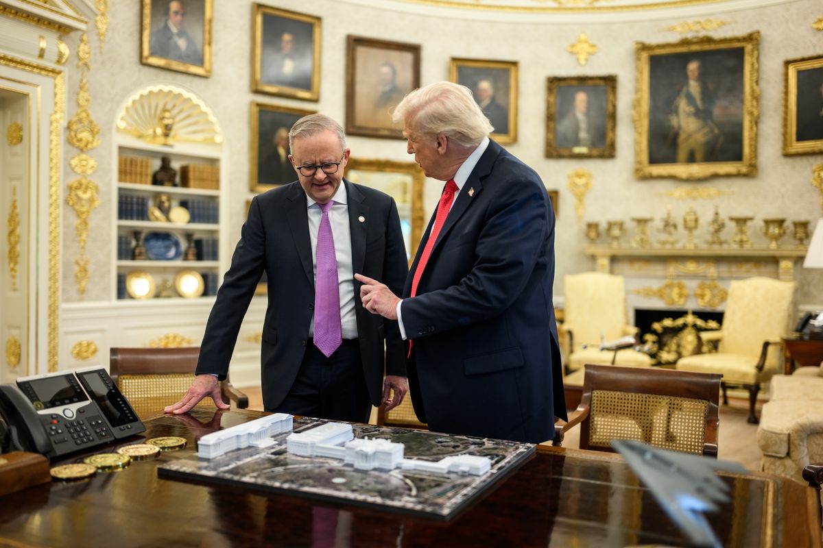 US president Donald Trump (right) shows a maquette of the East Wing ballroom to Australian prime minister Anthony Albanese (left) during a state visit to the White House in October Photo by the White House, via Wikimedia Commons