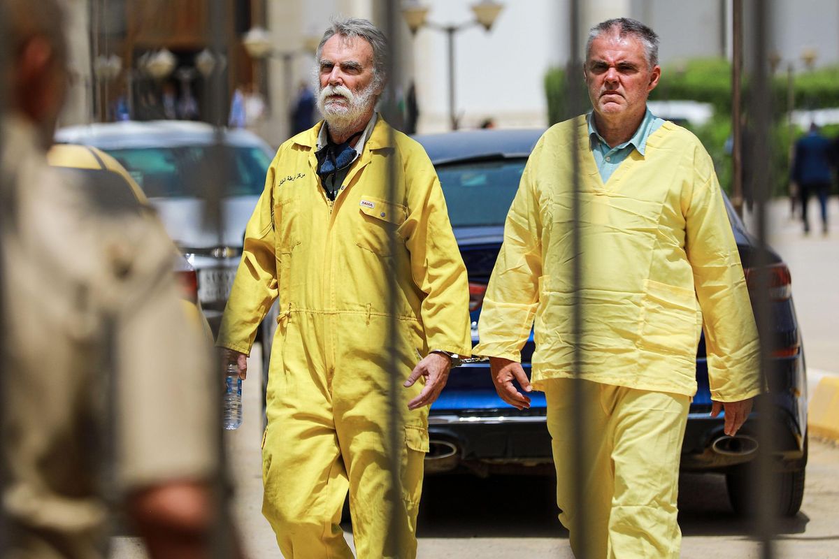 James Fitton (left) and Volker Waldmann (right) leaving Baghdad/Karkh Federal Appeal Court after attending an appeal hearing in May Ameer Al-Mohammedawi/dpa/Alamy Live News