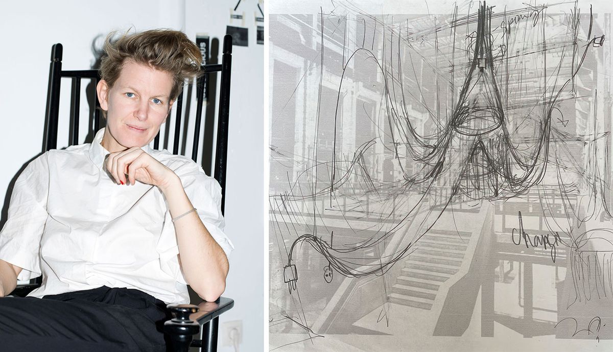 Laure Prouvost and her working sketch for We Felt a Star Dying, a plant-like installation inspired by her collaboration with the Google Quantum AI team and the philosopher Tobias Rees Prouvost portrait: Photograph by Michaël Smits. Sketch courtesy of the artist and the LAS Foundation