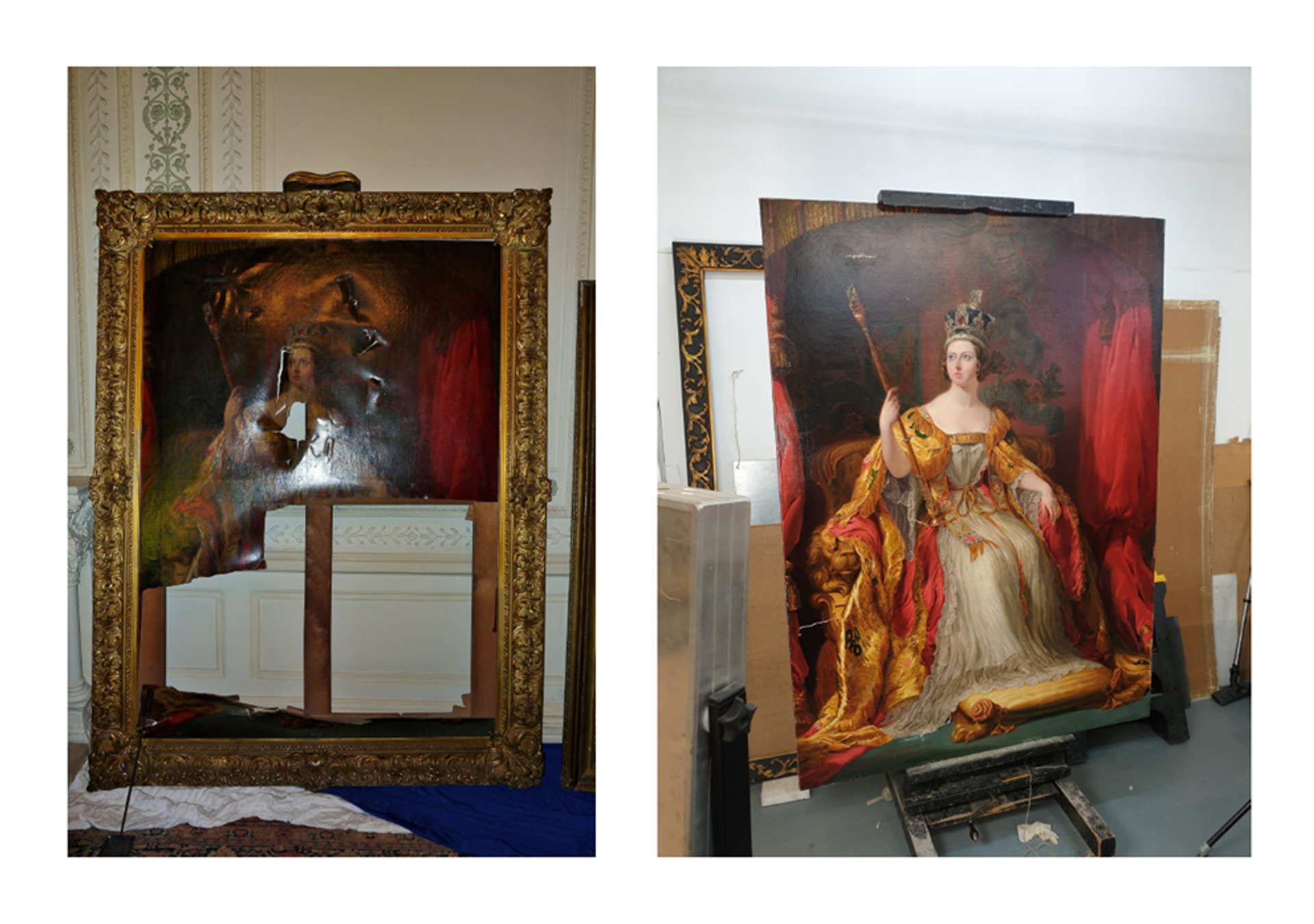 A portrait of Queen Victoria by Sir George Hayter after it was torn in the 2011 attack and, right, today following restoration © Government Art Collection