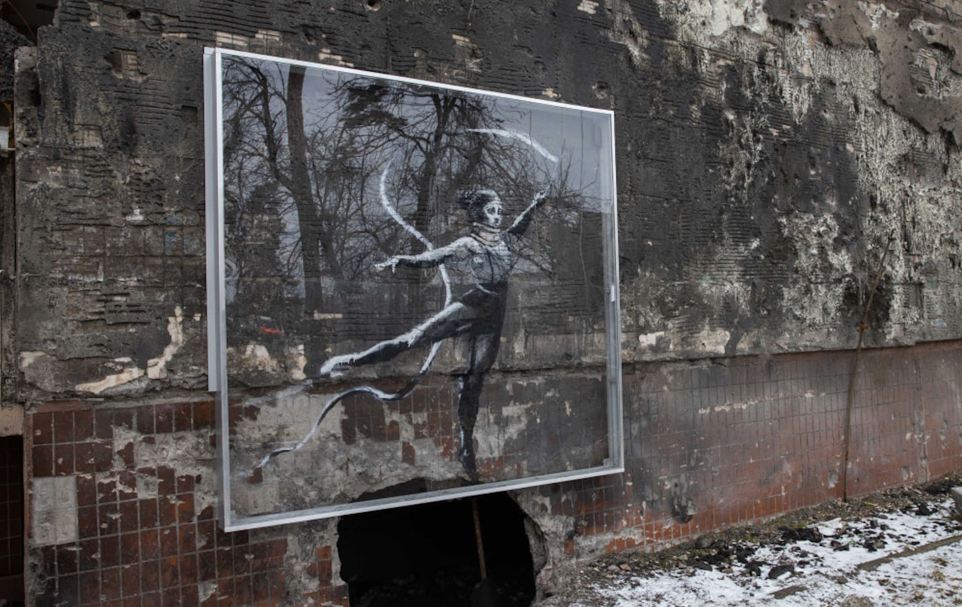 Protective systems on a Banksy mural in the Kyiv area Courtesy Ajax Systems