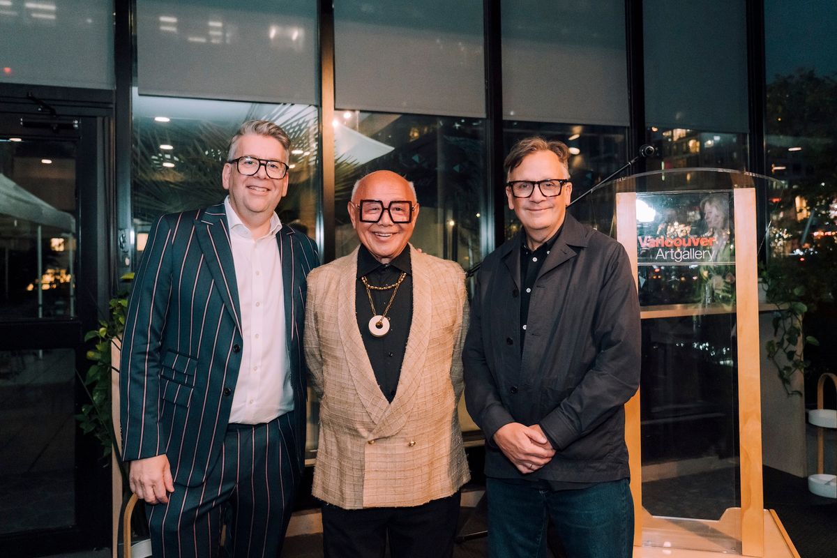 From left to right: Anthony Kiendl, chief executive and executive director of the Vancouver Art Gallery, art historian and philanthropist Roger Lee 李景才 and Jon Stovell, chair of the Vancouver Art Gallery Association Board, at the Art Party, November 2024 Photo: Roy Hoh