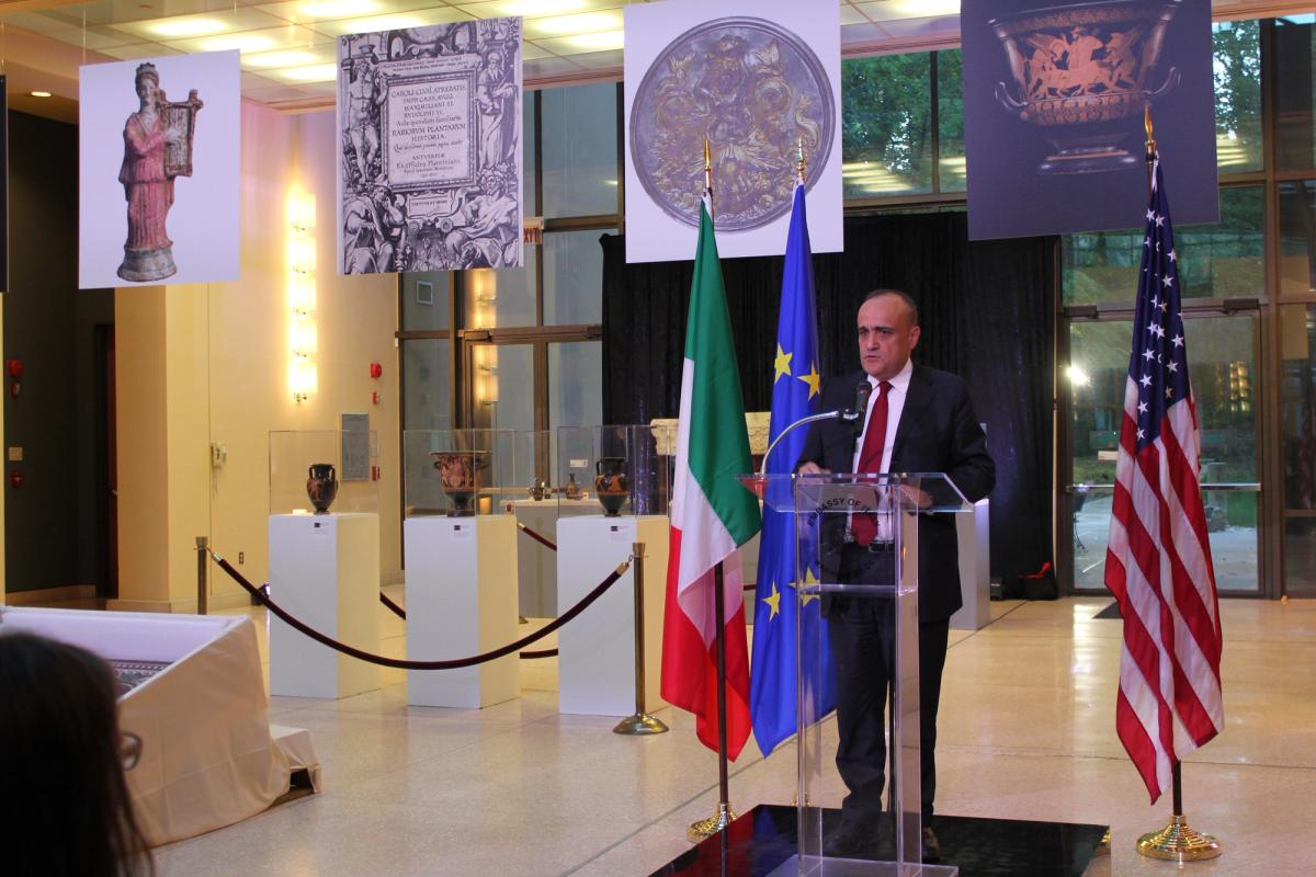 Alberto Bonisoli, Italy's minister of cultural heritage and activities, speaks at the embassy in Washington, DC Photo: Grazia Goseco, courtesy of the Italian embassy