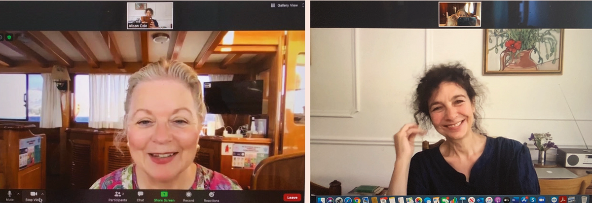 Anna Somers Cocks (left) being interviewed by Alison Cole (right) via Zoom