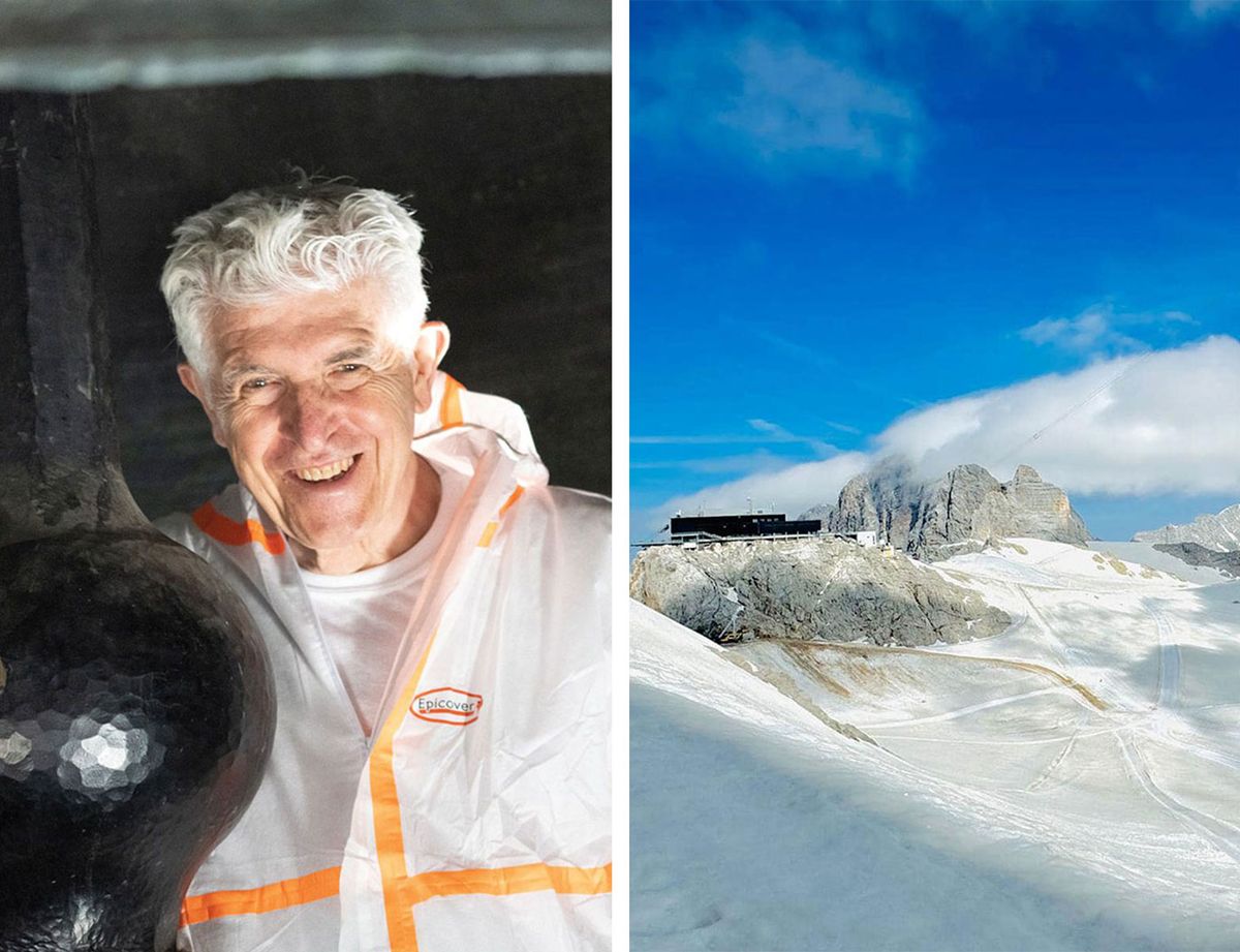 For Silent Echoes, Bill Fontana (left) has worked with recordings made on the surface of the Emmanuel bell at Notre-Dame de Paris, which survived the catastrophic 2019 fire at the cathedral, and of the vibrations created by the ice-melt at Dachstein glacier (right) in Austria Photographs courtesy of Bill Fontana