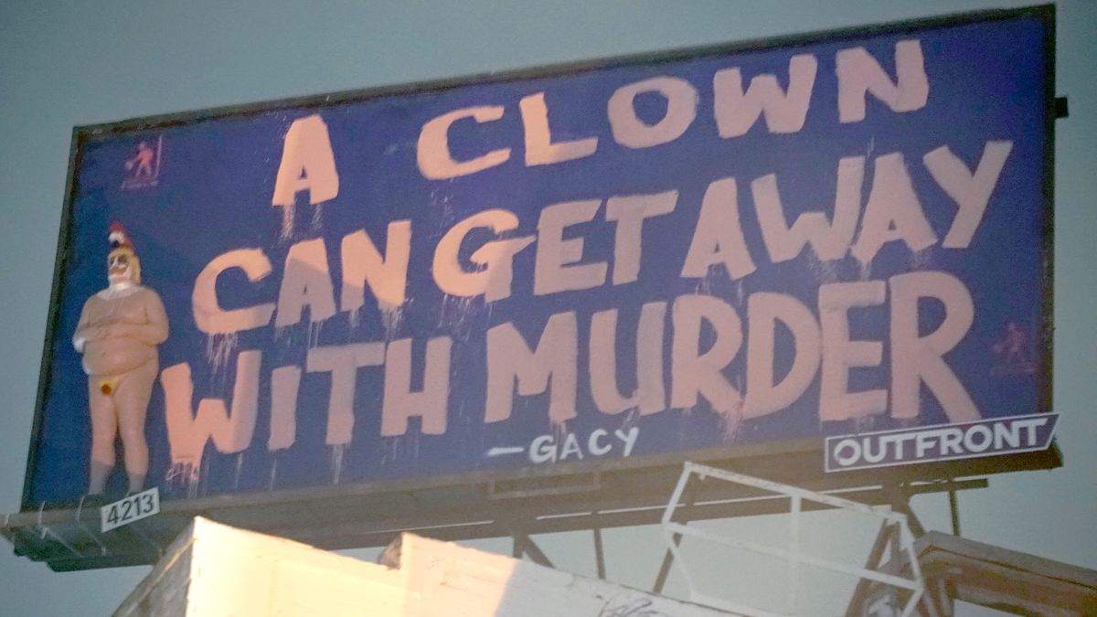 Video still from the Los Angeles installation of A Clown Can Get Away with Murder (2018) Indecline