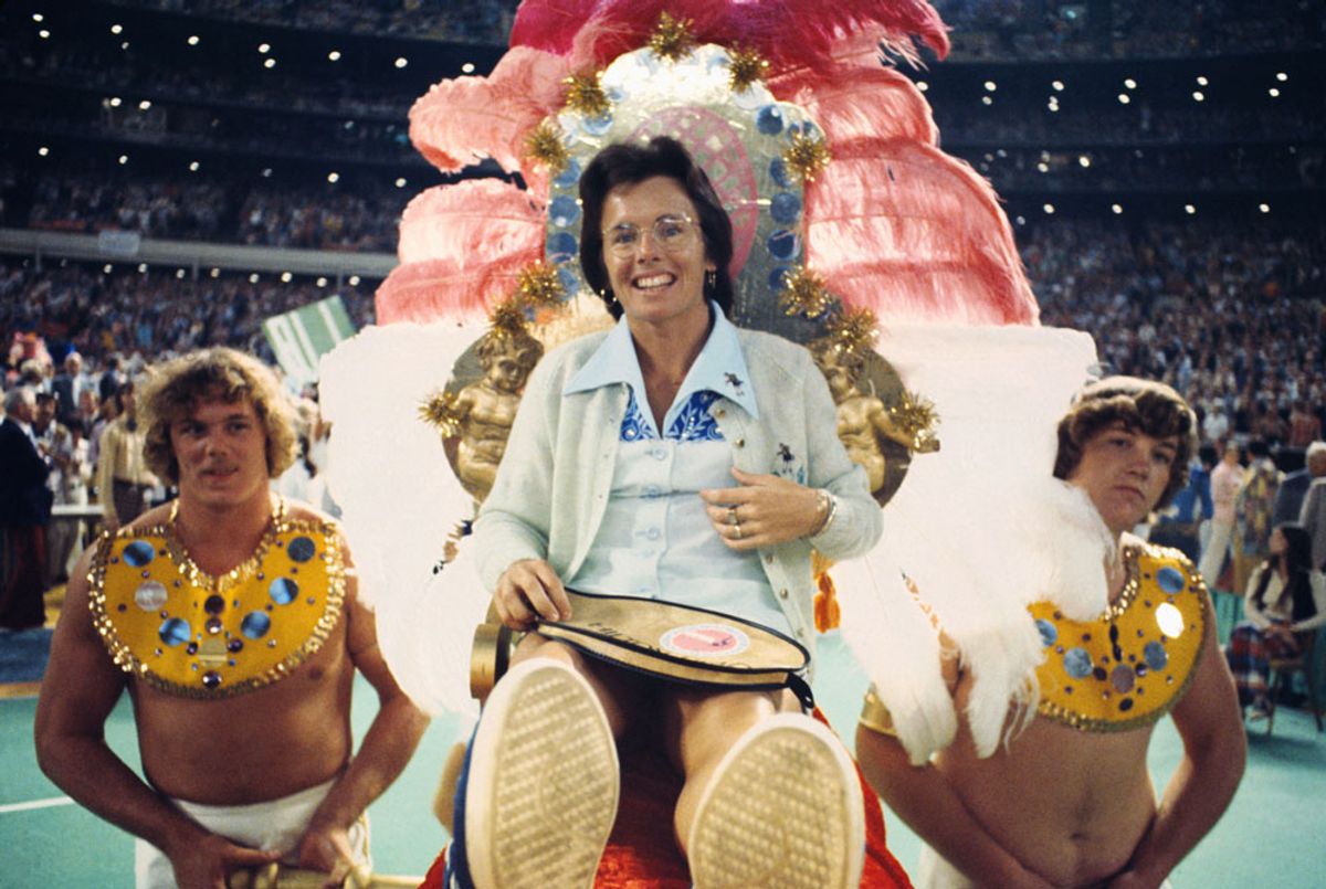 Billie Jean King was carried into the Houston Astrodome to play Bobby Riggs in the “Battle of the Sexes” match, which an estimated 90 million people around the world watched on 20 September 1973 Bettmann Archive/Getty Images
