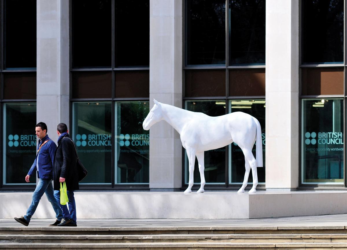 Mark Wallinger's White Horse (2013) outside the British Council offices in London. Artists and curators have strongly criticised the government's funding decisions © Mark Wallinger. All rights reserved; DACS 2021. Photo: PjrStatues/Alamy Stock Photo