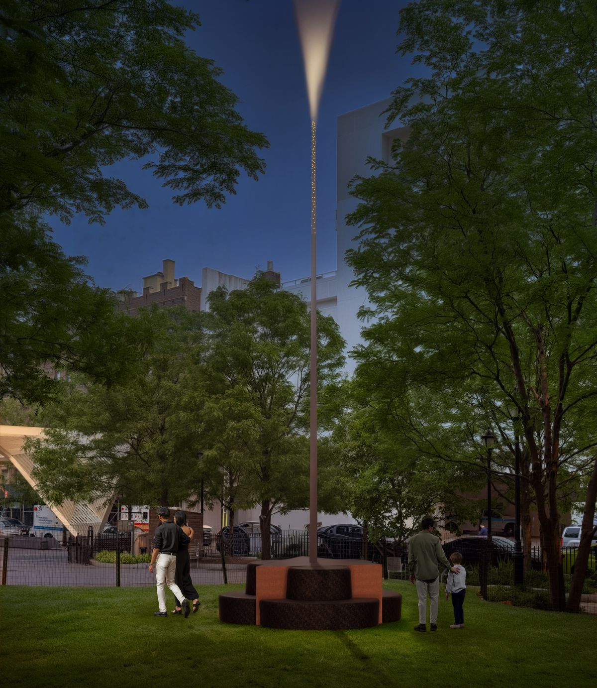 Rendering of Oscar Tuazon's Eternal Flame for Scott Burton at the New York City Aids Memorial Park at St Vincent’s Triangle Courtesy the artist and the New Yrok City Aids Memorial