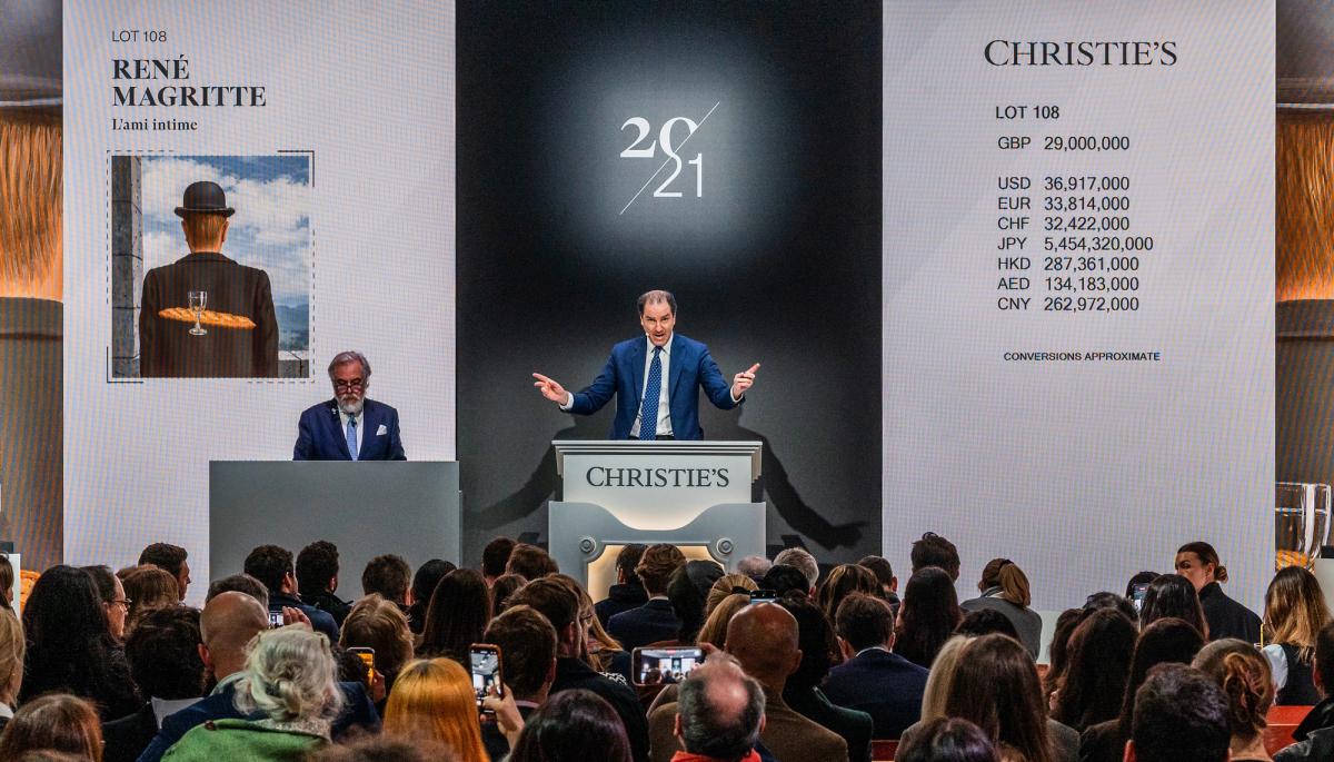 Adrien Meyer at the rostrum of Christie's Art of the Surreal sale in London, March 2023, selling René Magritte's L'ami intime (1958)
Courtesy of Christie's