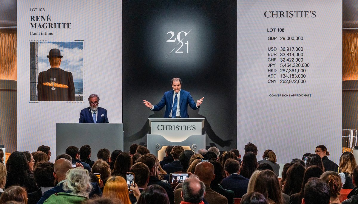 Adrien Meyer at the rostrum of Christie's Art of the Surreal sale in London, March 2023, selling René Magritte's L'ami intime (1958)
Courtesy of Christie's