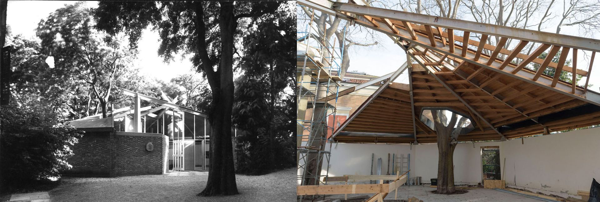 The Canada Pavilion when it was first built, around 1957 (left), and during its restoration in spring 2017 (right) Pavilion: NGC. Restoration: Francesco Barasciutti
