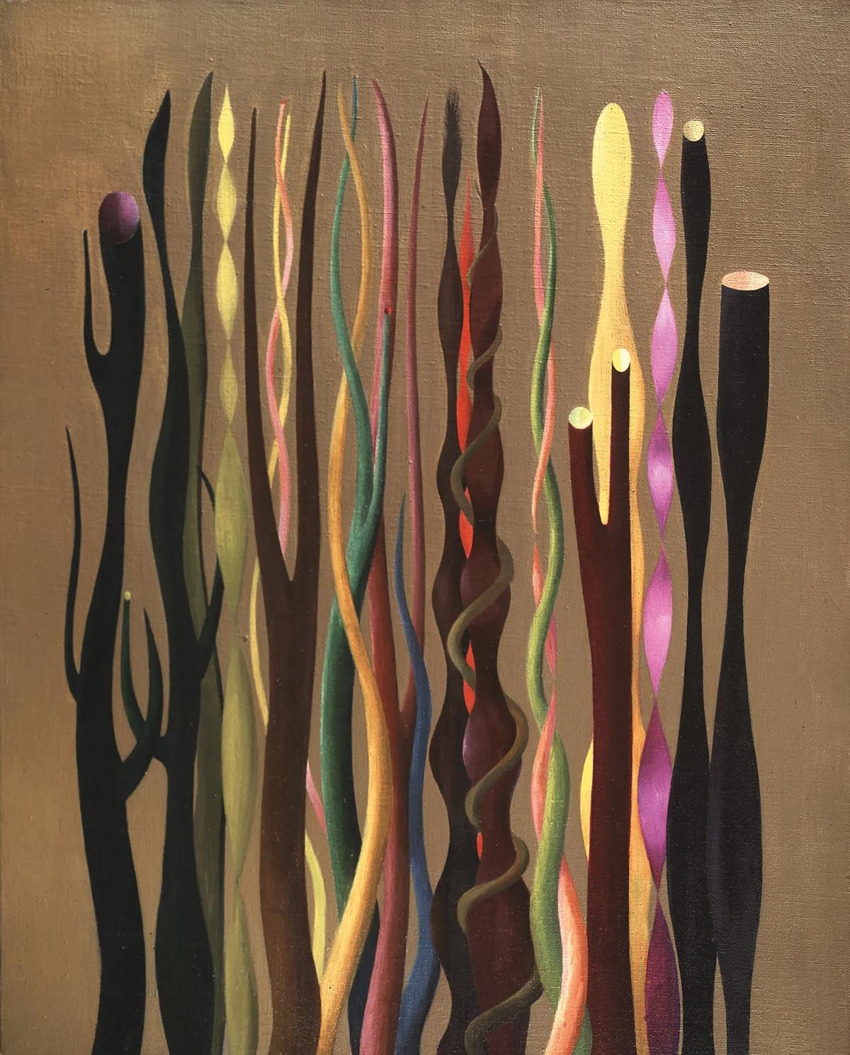 Vézelay’s oil-on-canvas Growing Forms (1946). The artist began using biomorphic forms in her work in the 1930s after ending her relationship with the Surrealist André Masson
© Paule Vézelay