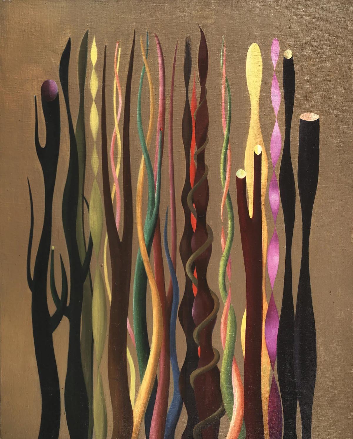 Vézelay’s oil-on-canvas Growing Forms (1946). The artist began using biomorphic forms in her work in the 1930s after ending her relationship with the Surrealist André Masson
© Paule Vézelay