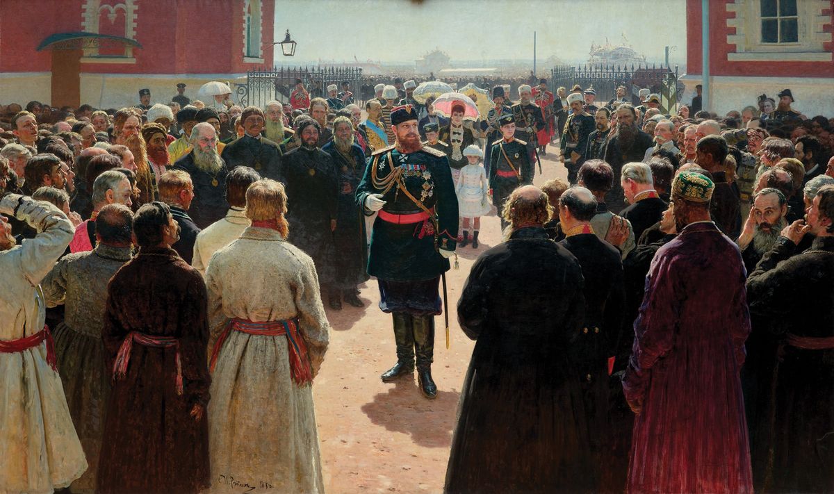 Ilya Repin’s Emperor Alexander III Receives Village Elders in the Courtyard of the Petrovsky Palace in Moscow (1886) © State tretyakov gallery