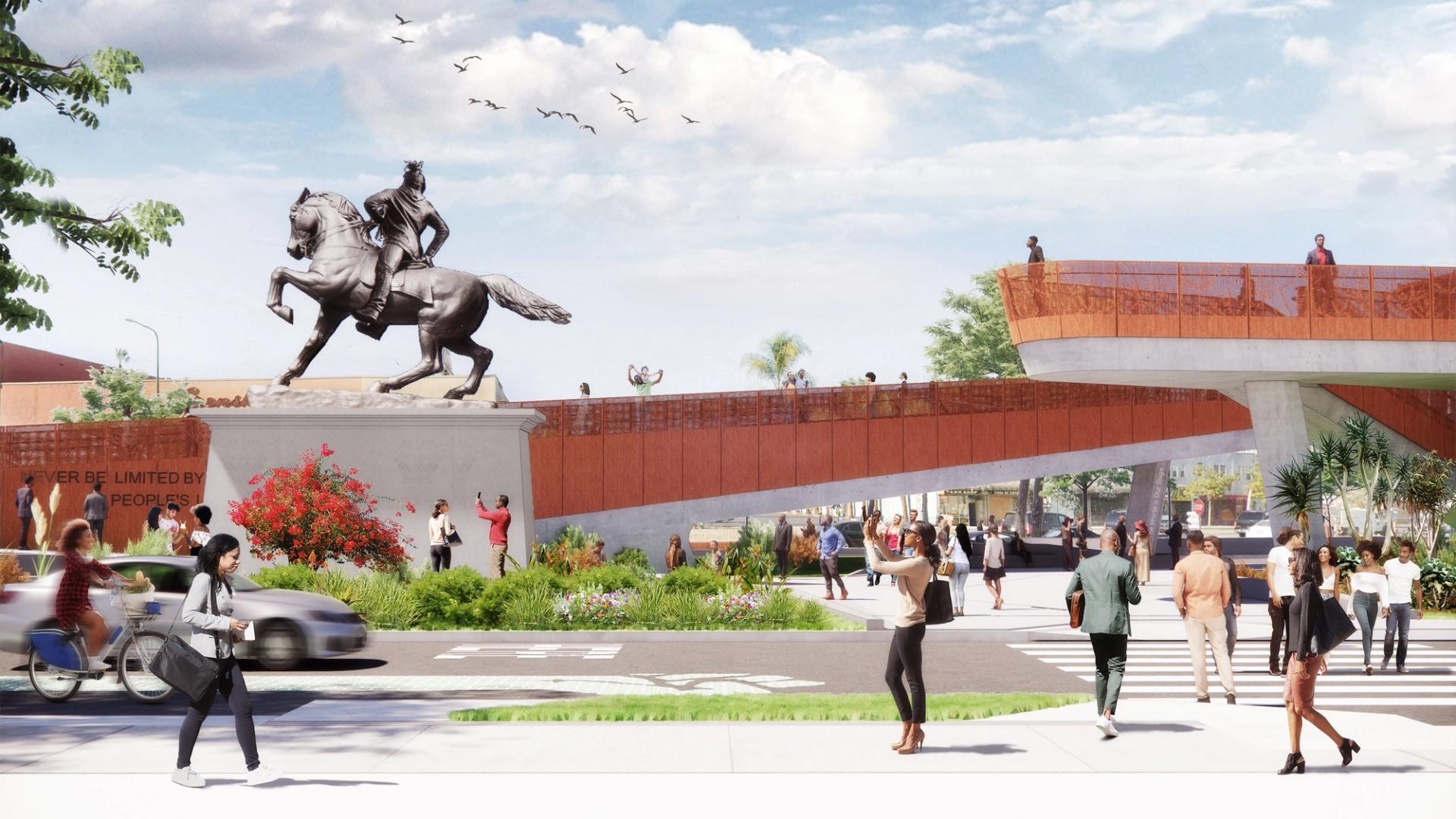 Rendering of Sankofa Park with Kehinde Wiley's Rumors of War Rendering by Perkins&Will, courtesy of Destination Crenshaw.