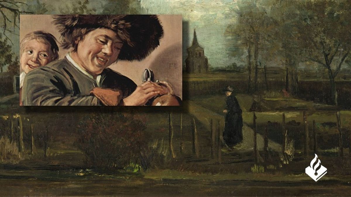 A montage publicising the arrest, showing Van Gogh’s The Parsonage Garden at Nuenen in Spring (March 1884) and detail of Frans Hals’ Two Laughing Boys (around 1626), with the Dutch police logo Courtesy of Netherlands Police
