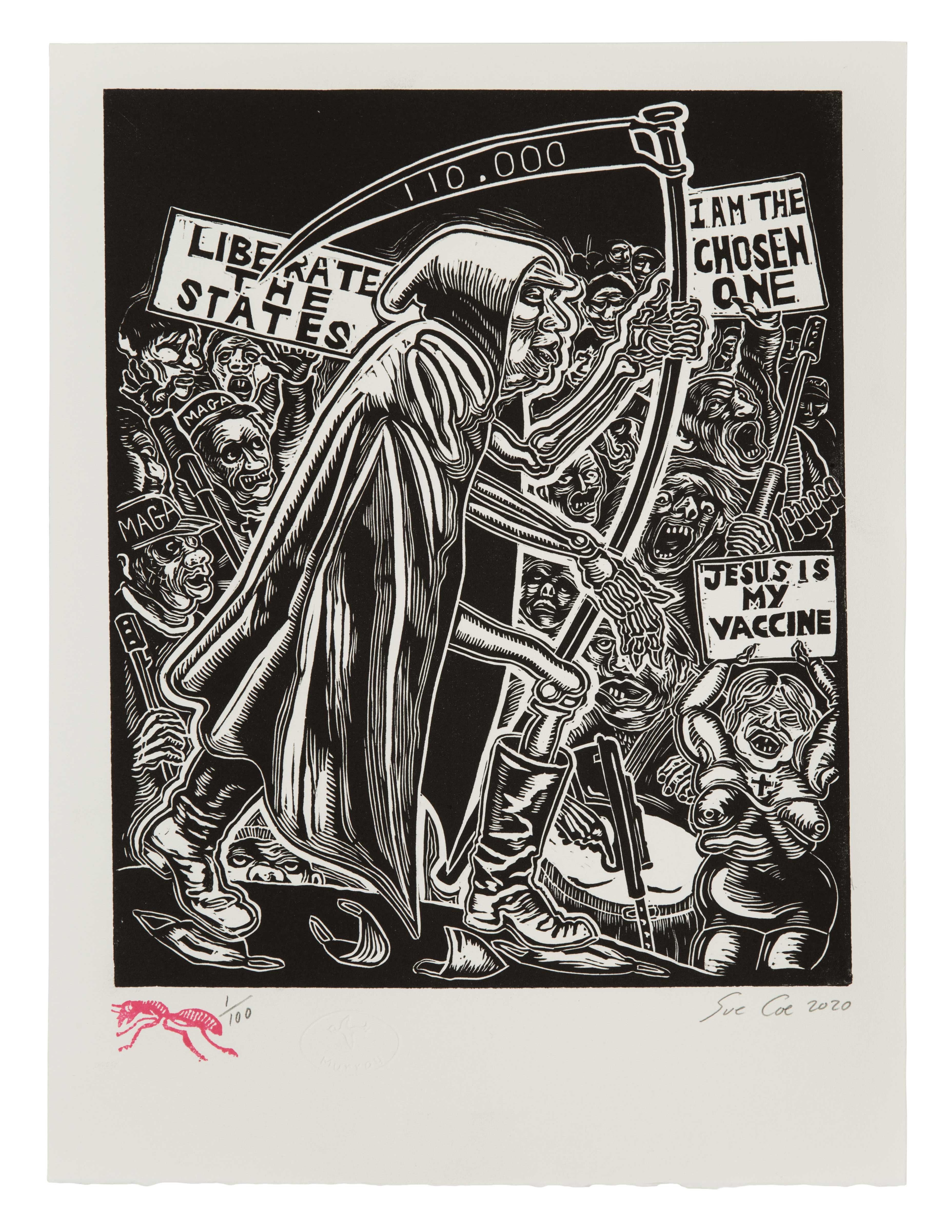 Sue Coe, Dim Reaper (2020) © 2020 Sue Coe. Courtesy of Galerie St Etienne, New York