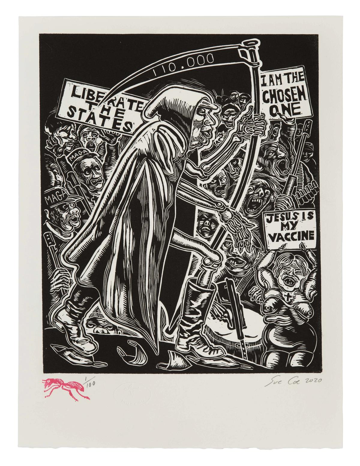 Sue Coe, Dim Reaper (2020) © 2020 Sue Coe. Courtesy of Galerie St Etienne, New York