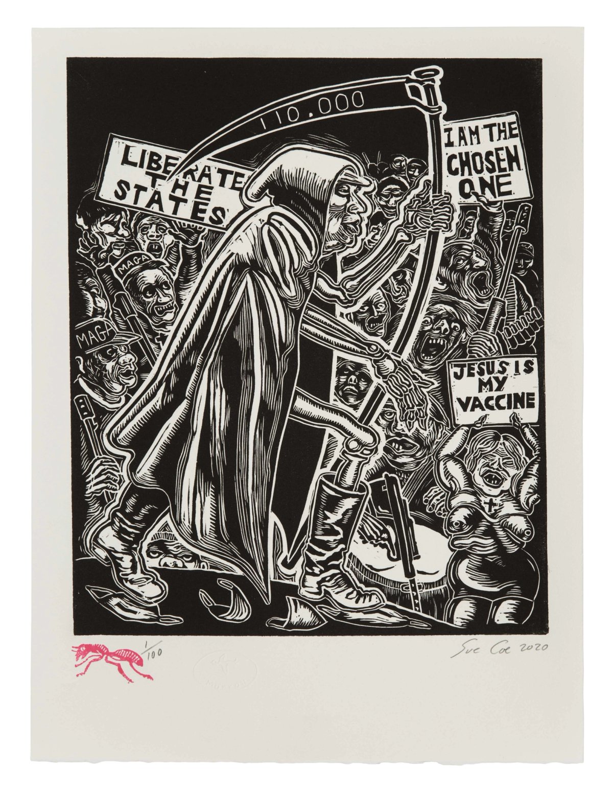 Sue Coe, Dim Reaper (2020) © 2020 Sue Coe. Courtesy of Galerie St Etienne, New York