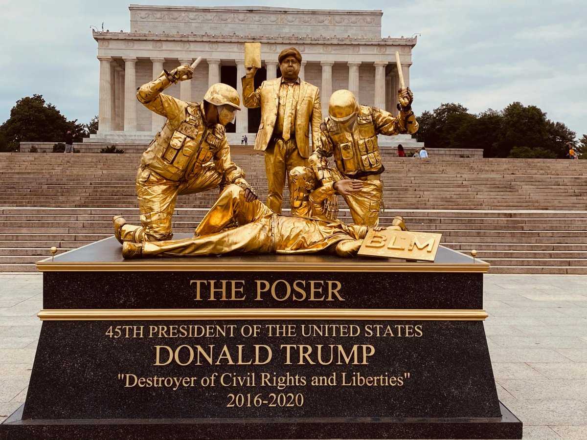 The Poser shows Trump standing holding a bible in his hands, as he did in Lafayette Square when anti-racism protests broke out across the city, while a Black Lives Matter activist is beaten by military figures at his feet