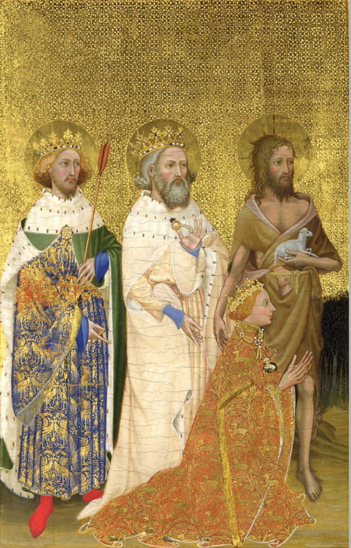 The stags that decorate the lid of the Asante Ewer were the personal emblem of Richard II—seen kneeling here in the Wilton Diptych (around 1395-99
© The National Gallery, London