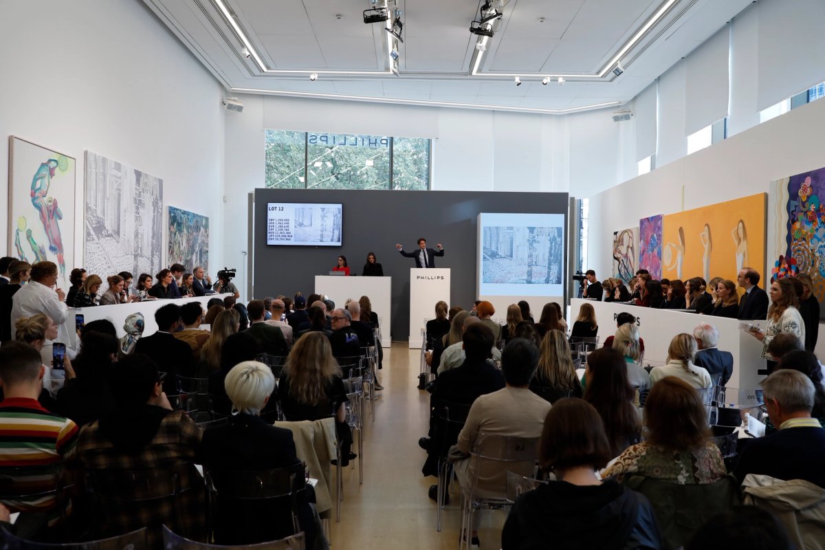 The saleroom at Phillips in London during the house's 20th century & contemporary evening sale on 13 October, 2023. Courtesy of Phillips.