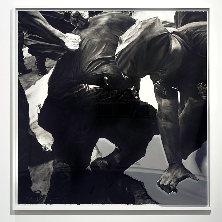 Shaun Leonardo, Freddy Pereira (3 of 3), 2019, charcoal on paper with mirrored tint on frame Courtesy of the artist