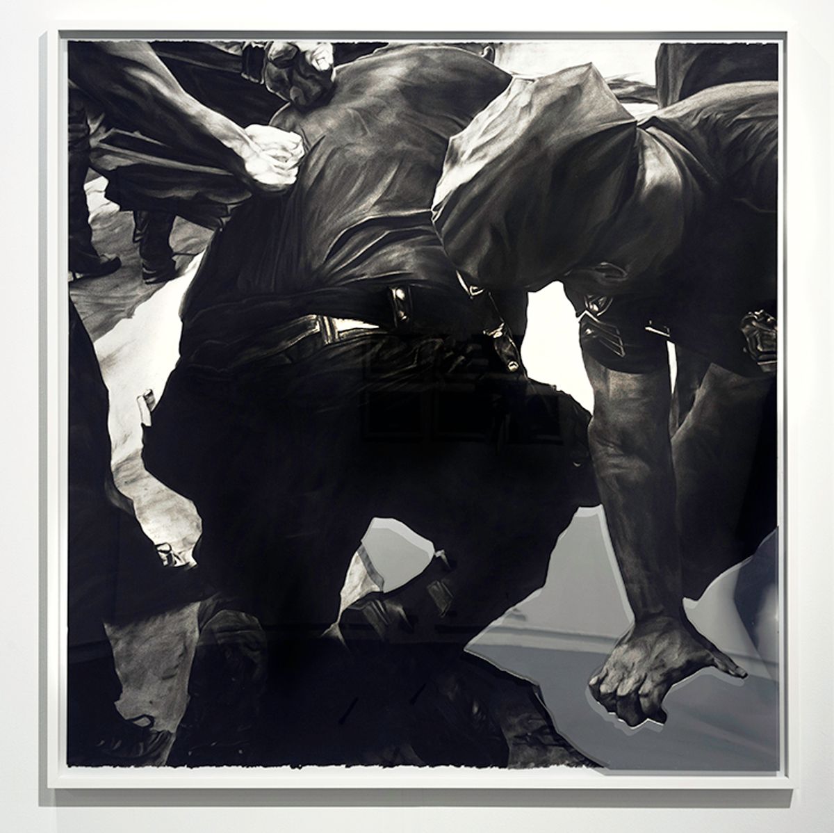 Shaun Leonardo, Freddy Pereira (3 of 3), 2019, charcoal on paper with mirrored tint on frame Courtesy of the artist