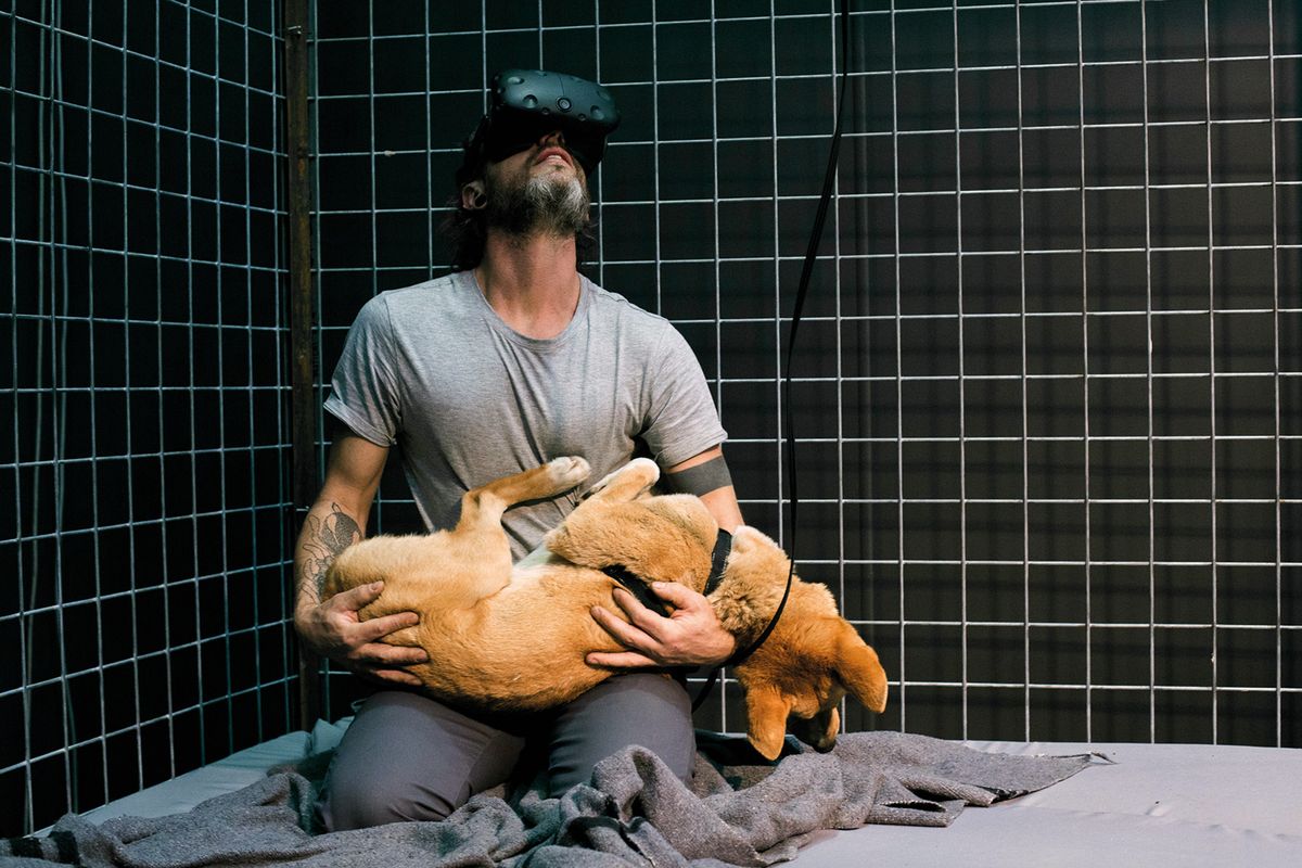 The New Zealand-born artist Hayden Fowler with a dingo in his performance Together Again (2017) at Sydney Contemporary Photo: Joy Lai