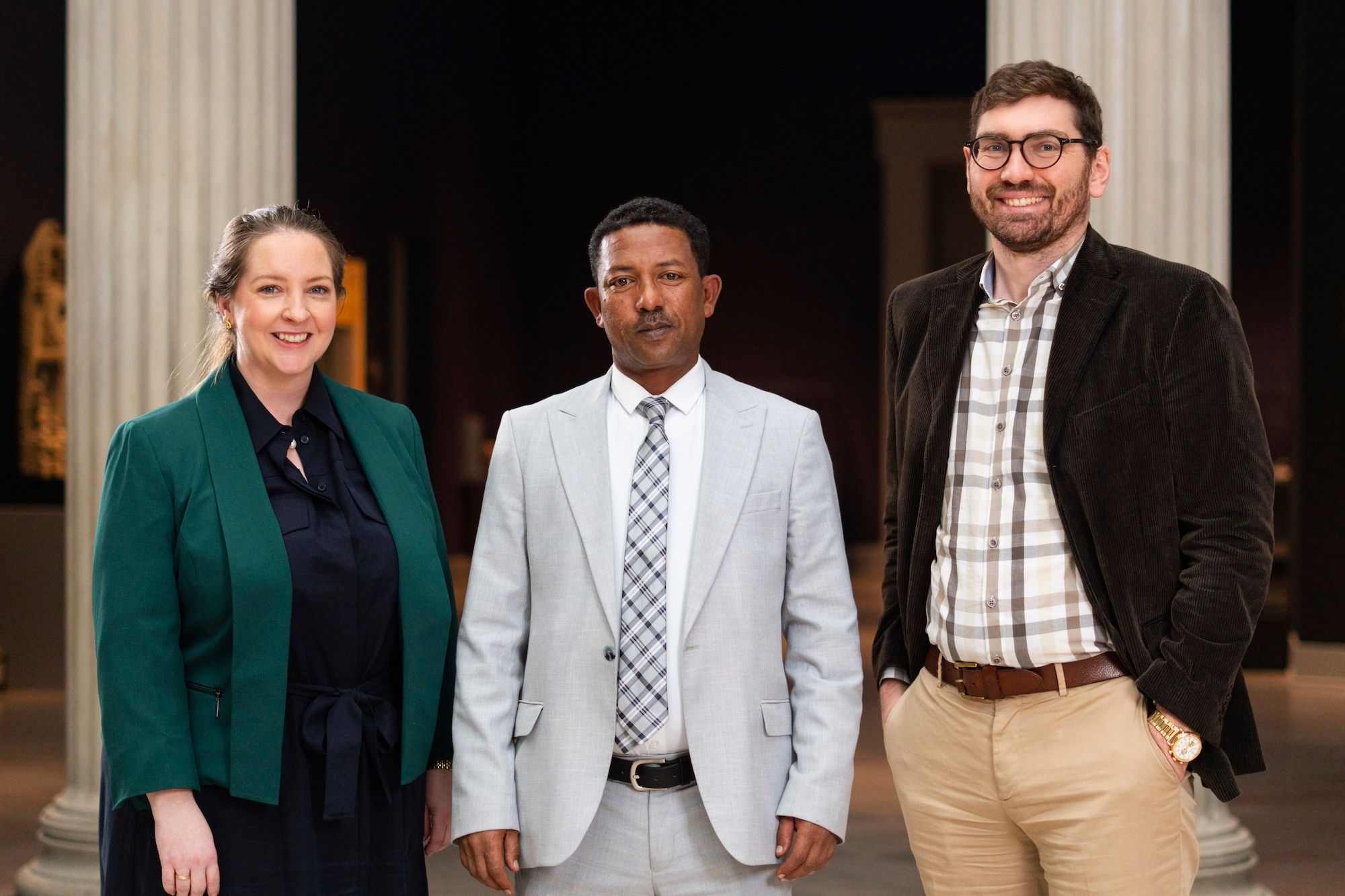 Left to right: Sophie Ong, assistant director of strategic initiatives at the Toledo Museum of Art; Abebaw Ayalew Gella, director general of the Ethiopian Heritage Authority; and Adam M. Levine, director, president and chief executive of the Toledo Museum of Art, during a visit to the museum in early 2026 Photographer: Brooklynn Russell