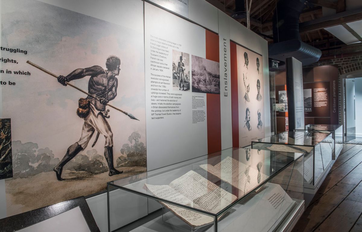 Installation view of the London, Sugar, Slavery exhibition at the Museum of London, Docklands, outside which Isaiah Ogundele protested the display of the Benin Bronzes © Museum of London