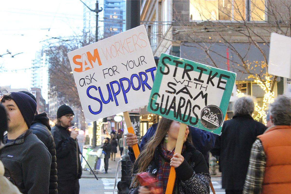Striking workers rallied daily outside the Seattle Art Museum's main building in downtown Seattle (it also operates the Olympic Sculpture Park and the Seattle Asian Art Museum) Photo courtesy Seattle Art Museum VSO Union, via Instagram
