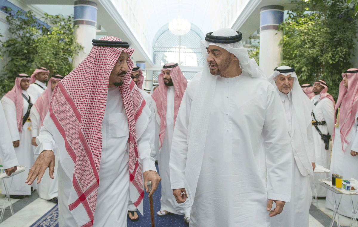 Close relationship: King Salman, left, with Sheikh Mohammed bin Zayed, Crown Prince of Abu Dhabi and Deputy Supreme Commander of the UAE Armed Forces, in Jeddah in June Bandar Algaloud / Saudi Royal Council / Handout/Anadolu Agency/Getty Images