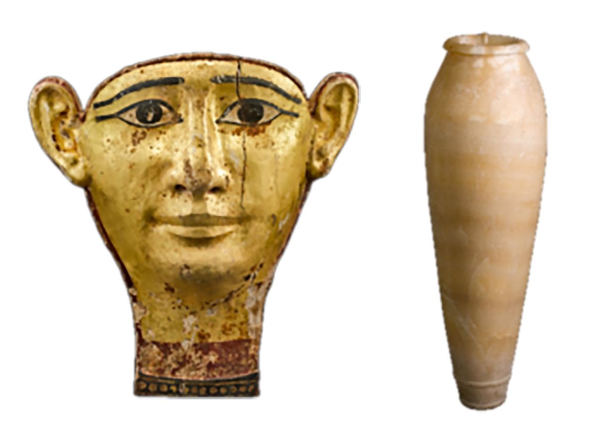 Among the artefacts restituted to Egypt: a face from a gilded wood coffin dating to around 332BCE-275BCE (left) and an alabaster royal vase from around 3100BCE-2670BCE (right) Courtesy the Manhattan District Attorney's Office