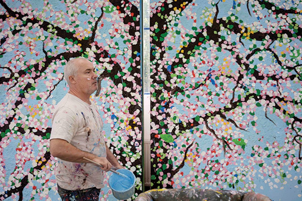“Almost tacky”: Damien Hirst working on a Cherry Blossoms painting in 2019 © Damien Hirst and Science Ltd/DACS