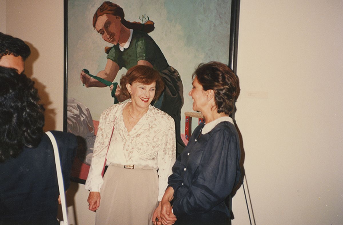 Dealer, conservator and museologist Etheline Rosas (left) with the Portuguese-British artist Paula Rego at Fundação de Serralves, Porto, 1988. In the background is Rego’s The Little Murderess (1987)
Rosas and Rego: Courtesy Jorge Rosas