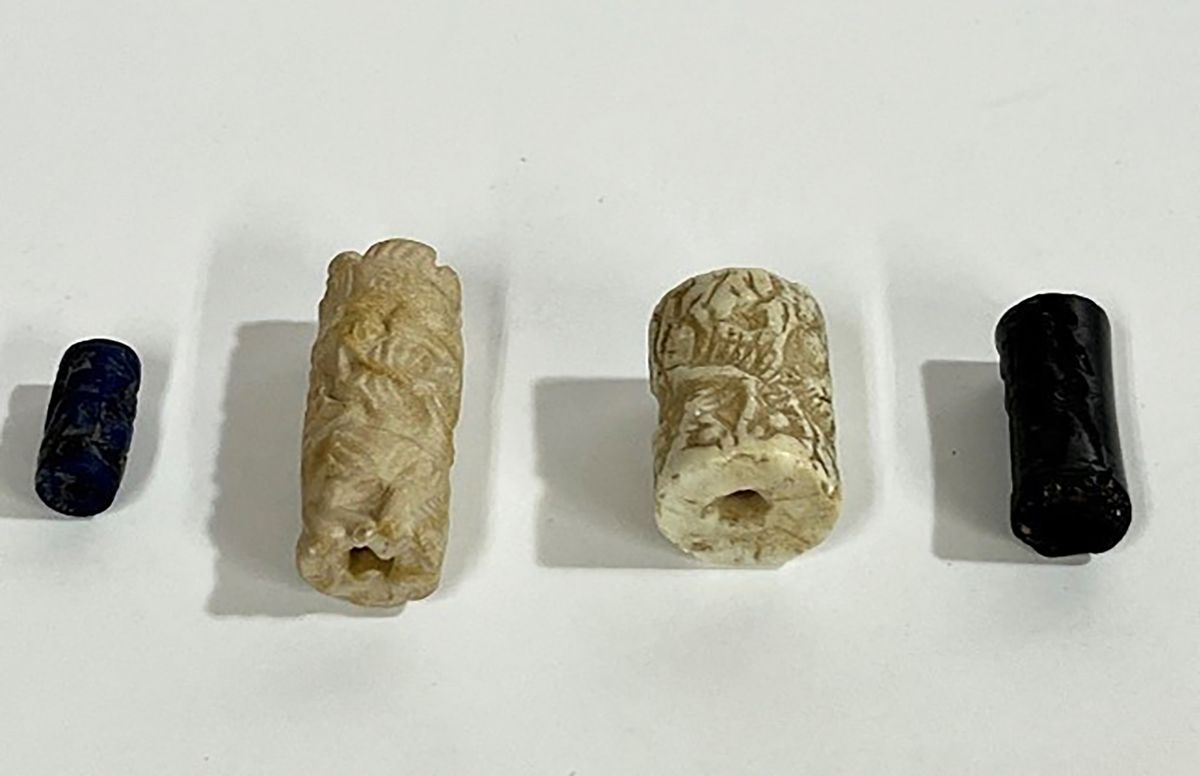 The four cylinder seals looted from the Iraq Museum in 2003 that have been returned Courtesy the office of Manhattan District Attorney Alvin L. Bragg, Jr.