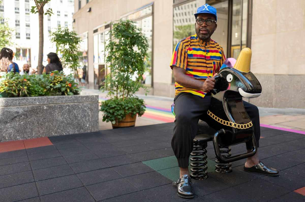Derrick Adams, Funtime Unicorn, 2022, installation view at Rockefeller Center, New York Photo by Emil Horowitz / courtesy of Art Production Fund