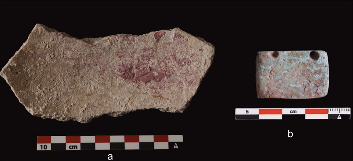 Cinnabar found on artifacts from Ucanal, Guatemala: crushed cinnabar pigment on the interior of a utilitarian ceramic vessel and likely a receptacle for pigment preparation (a), it was recovered in an elite residential area; and a jade ornament from a royal burial deposit (b) Photographs by C. Halperin