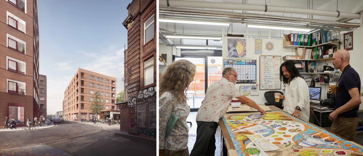 Left: a rendering of the Hackney Yards development. Right: Inside the studios at the Lakeside Centre
Hackney Yards: Courtesy of Notting Hill Genesis. Lakeside Centre: Photo: Alberto Romano