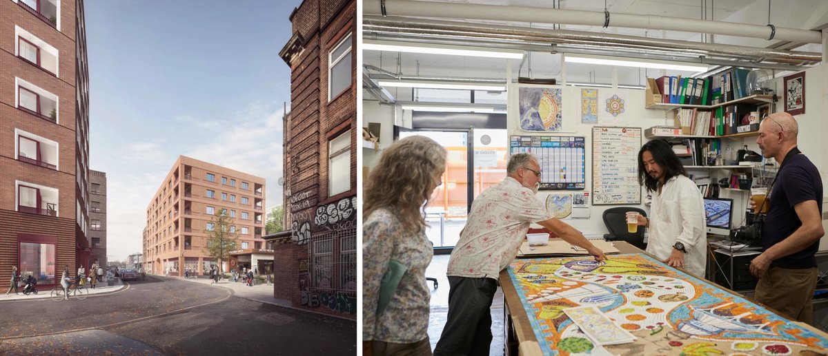 Left: a rendering of the Hackney Yards development. Right: Inside the studios at the Lakeside Centre
Hackney Yards: Courtesy of Notting Hill Genesis. Lakeside Centre: Photo: Alberto Romano