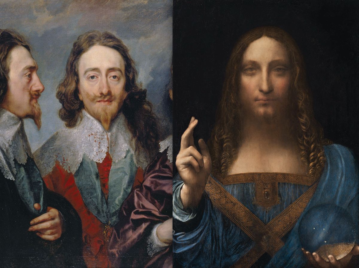 Detail of Anthony van Dyck's Charles I (1635-36) and Leonardo's Salvator Mundi (around 1500) was sold for £45 at Sotheby's London in 1958. Photo: © Christie's Images, 2017 Charles: Royal Collection Trust / © Her Majesty Queen Elizabeth II 2017. Salvator Mundi: Christie's Images, 2017